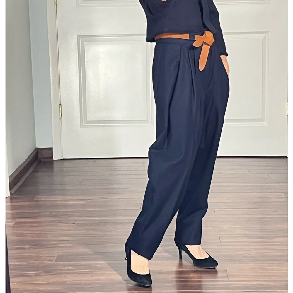 Vintage navy pleated trousers tapered legs - Picture 7 of 11